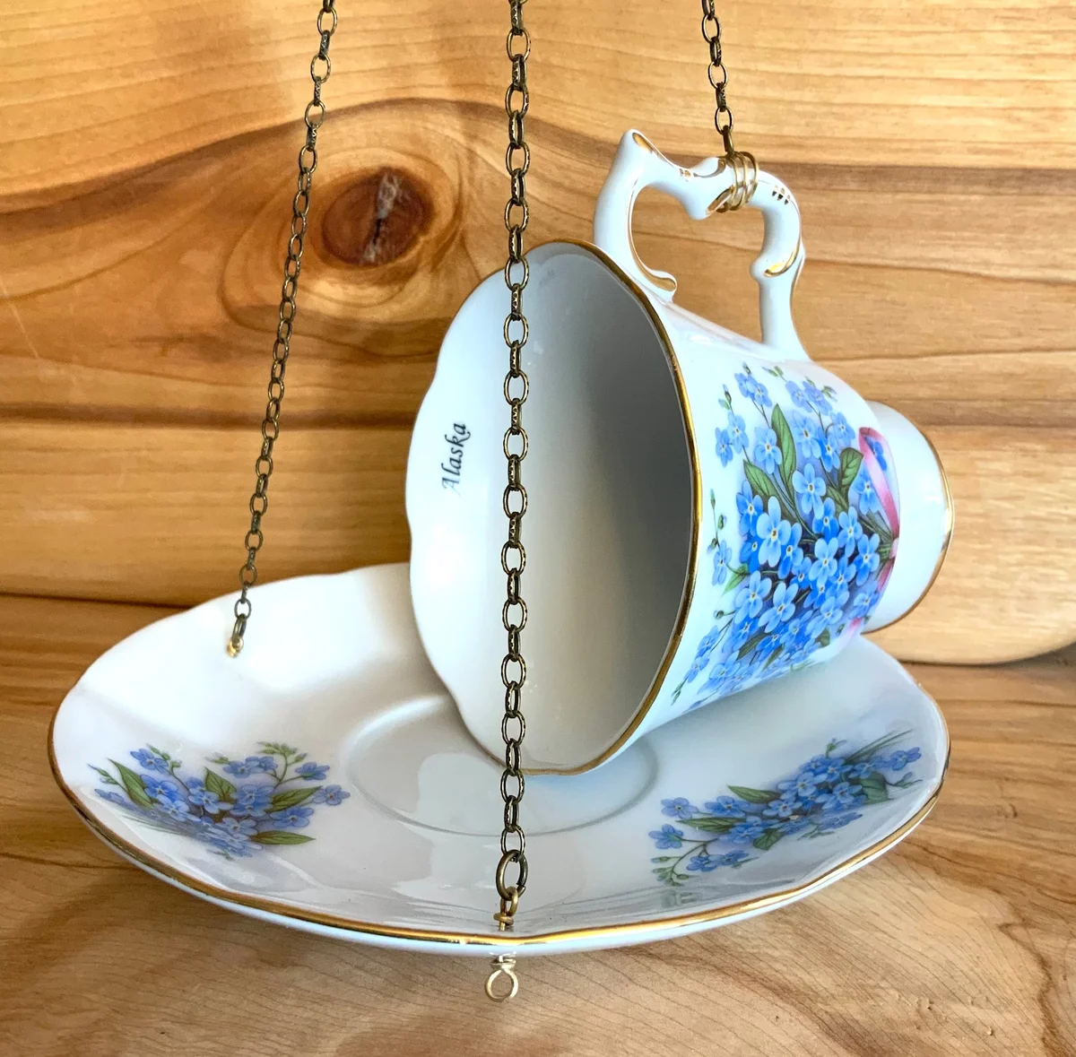 Tea Cup Bird Feeder Hanging On Chain