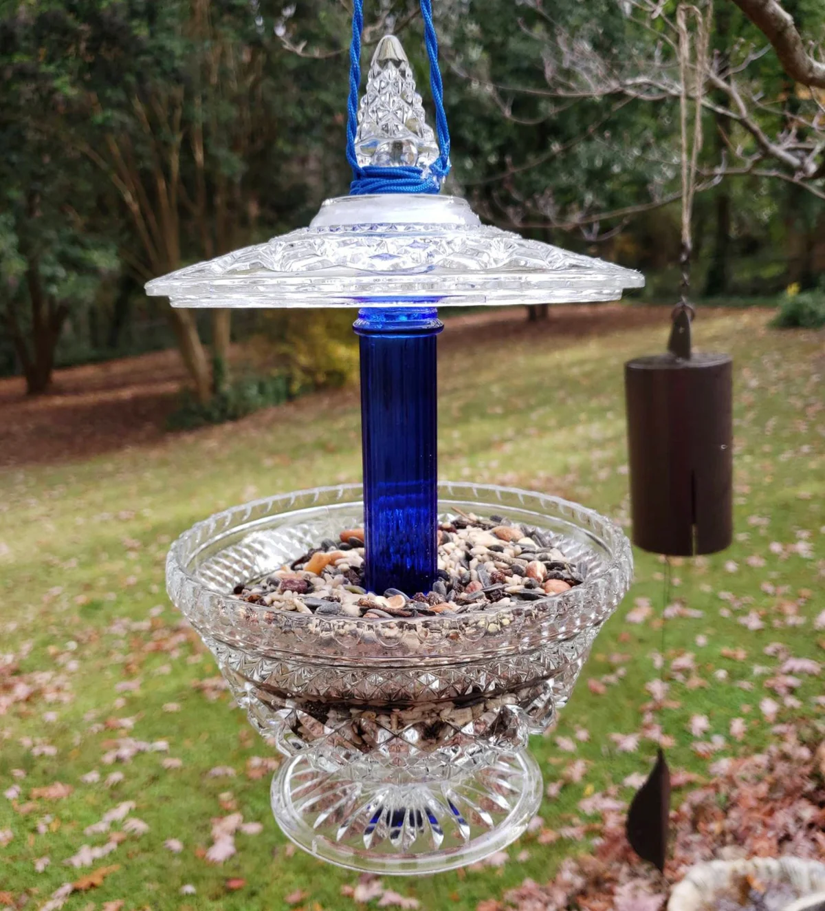 Hanging Vintage Cobalt Blue Glass Bird Feeder.