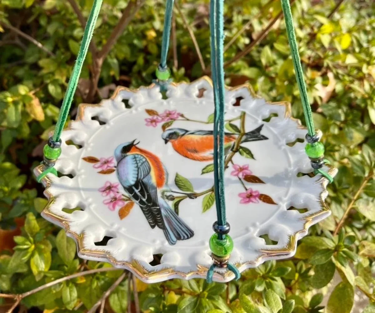 Hanging Dish Bird Feeder Upcycled Vintage Plate