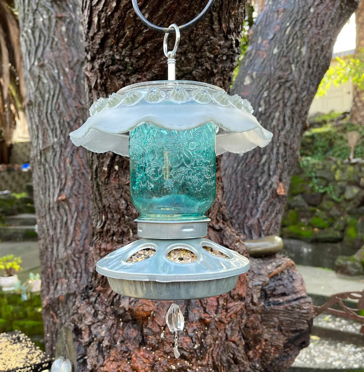 Mason Jar Bird Feeder 1920s ANTIQUE Glass Art Deco