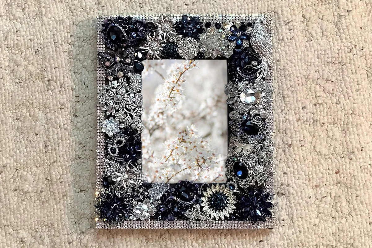 Jewelry Decorated Picture Frame Clear Crystal & Navy Vintage