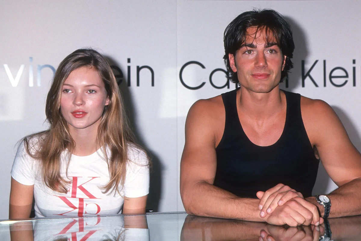 Kate Moss and Michael Bergin attend an in-store appearance at the Calvin Klein boutique at Macy's, New York, 1994