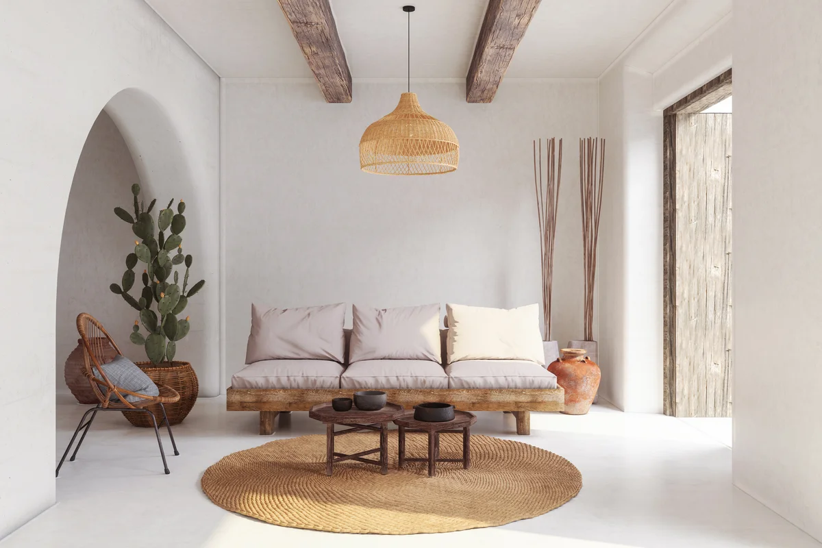 Living Room Interior With Sofa, Wicker Armchair, Cactus Plant And Coffee Table