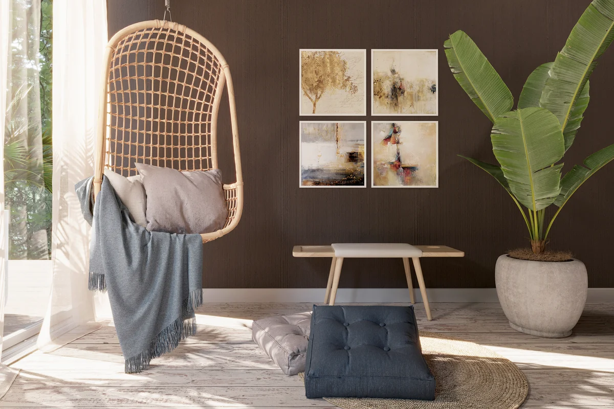 Boho Living Room Interior Design with Rattan Swing Chair and Banana Tree