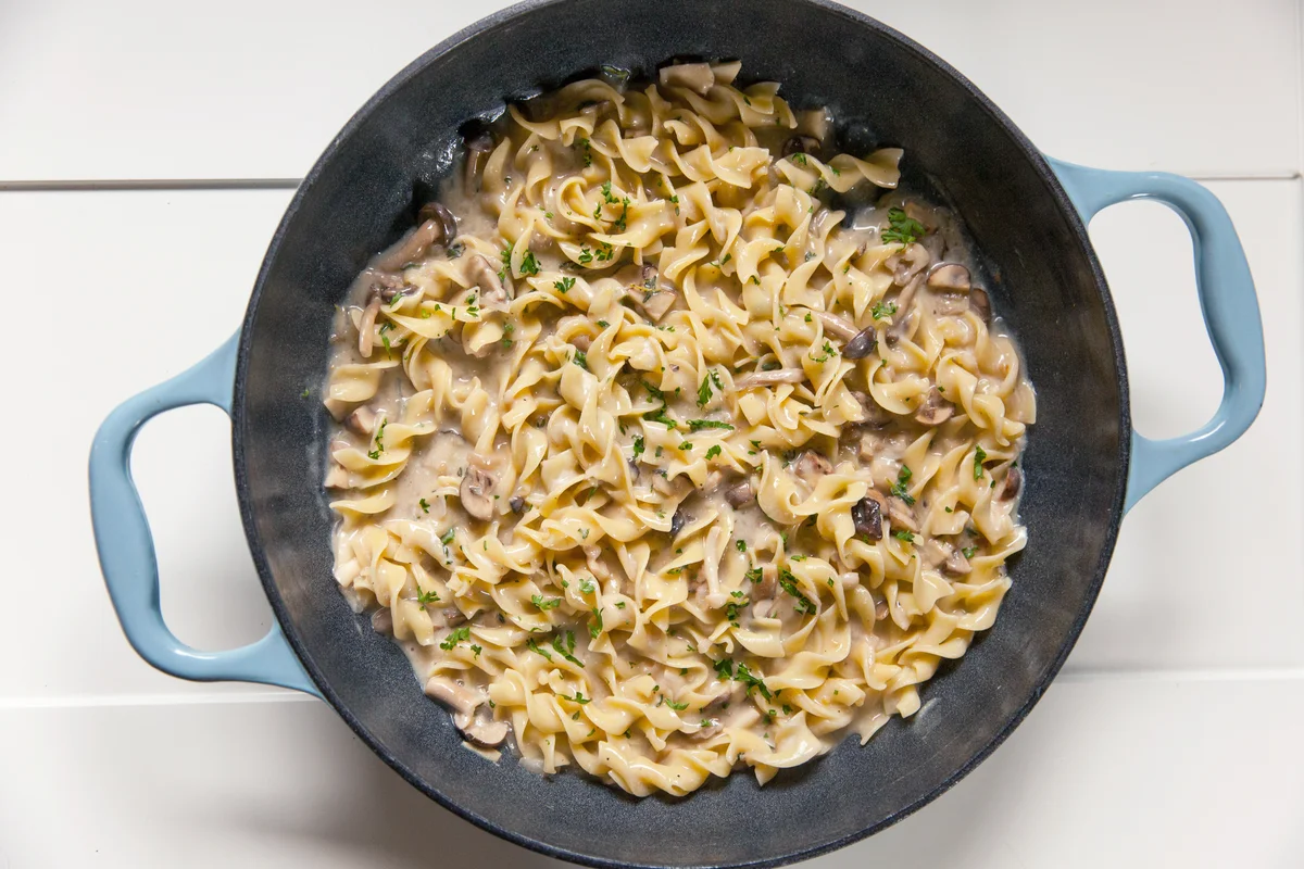 Cooking pan with beef Stoganoff on stove