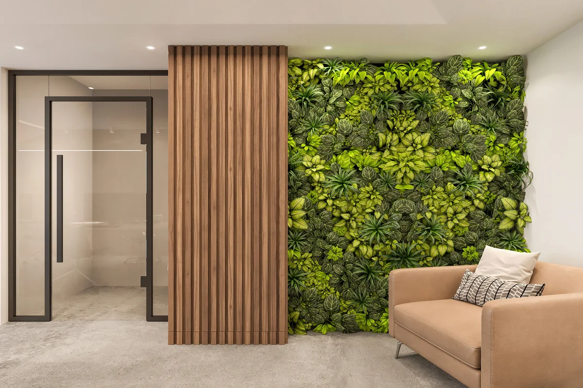 Modern office interior hallway corridor with blank wall