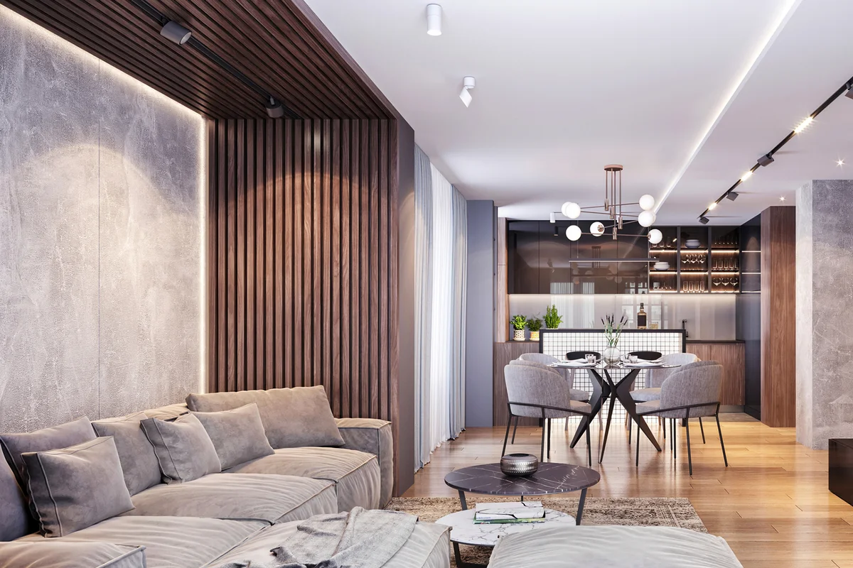White ceiling, wooden wall paneling, parquet and carpet