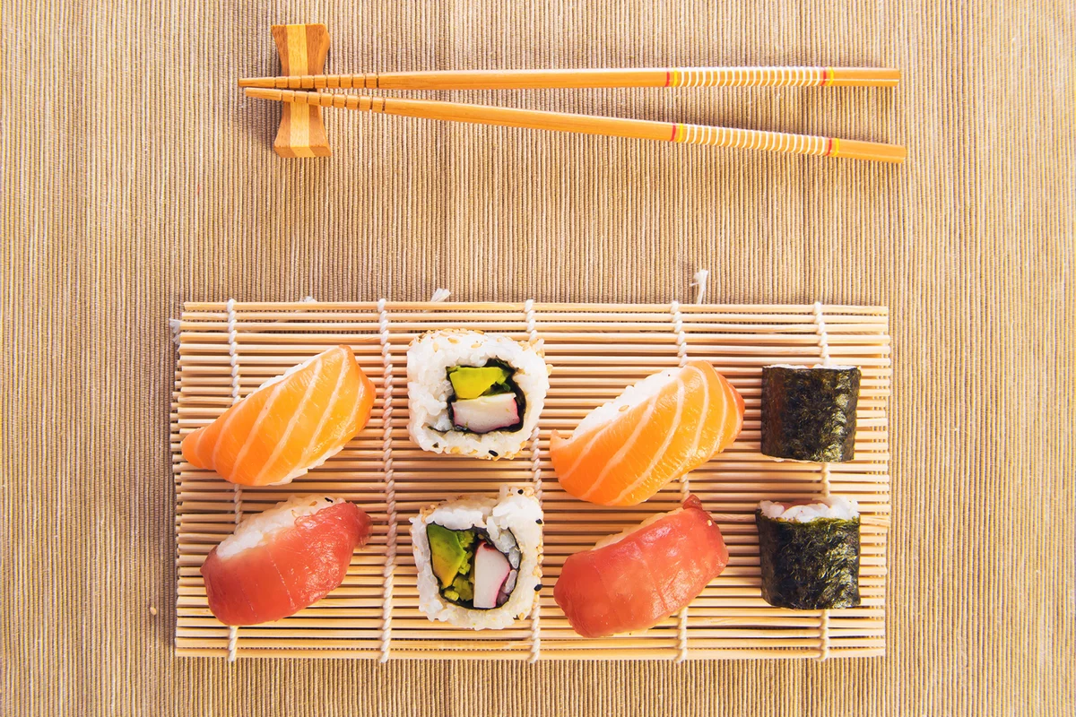 High angle view of sushi served on table