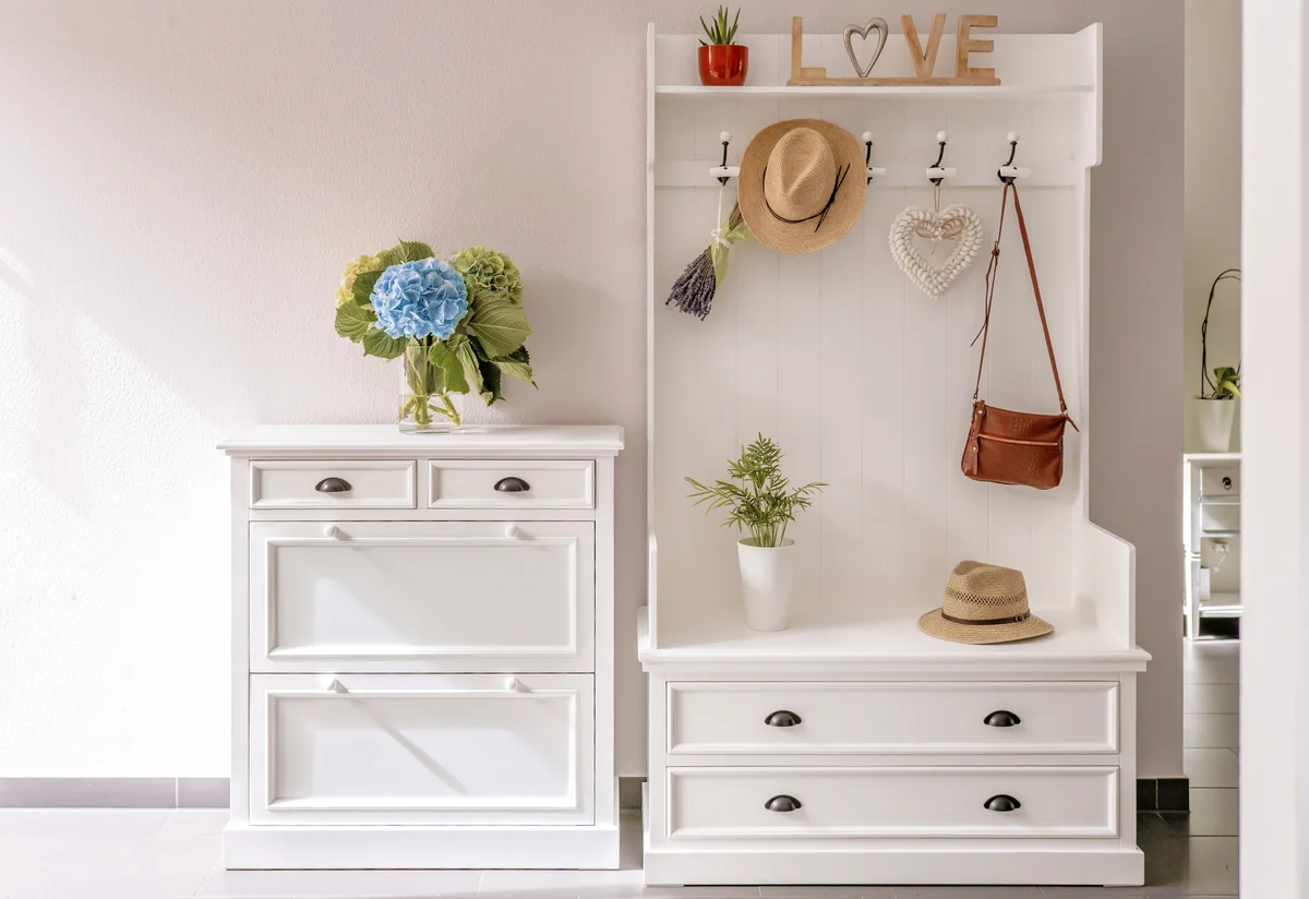 White wooden furniture at entryway