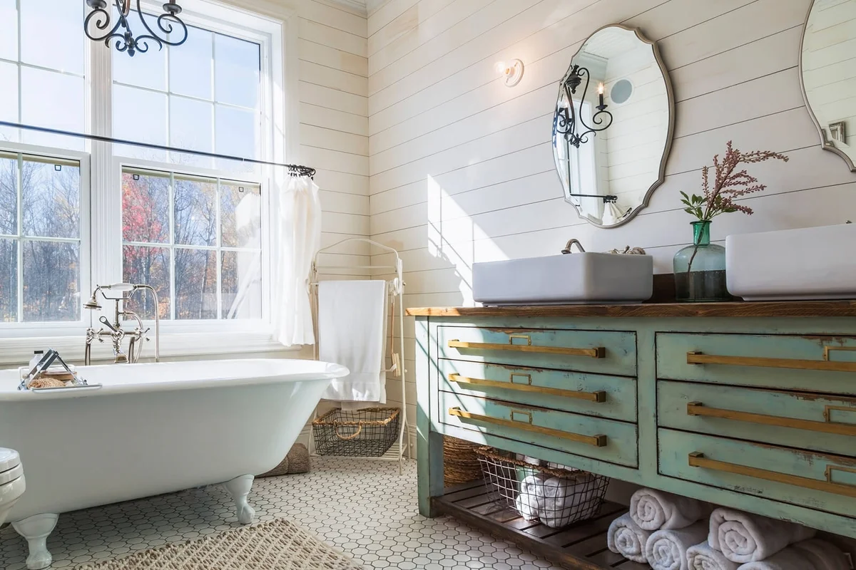 green vanity unit with double hand basin
