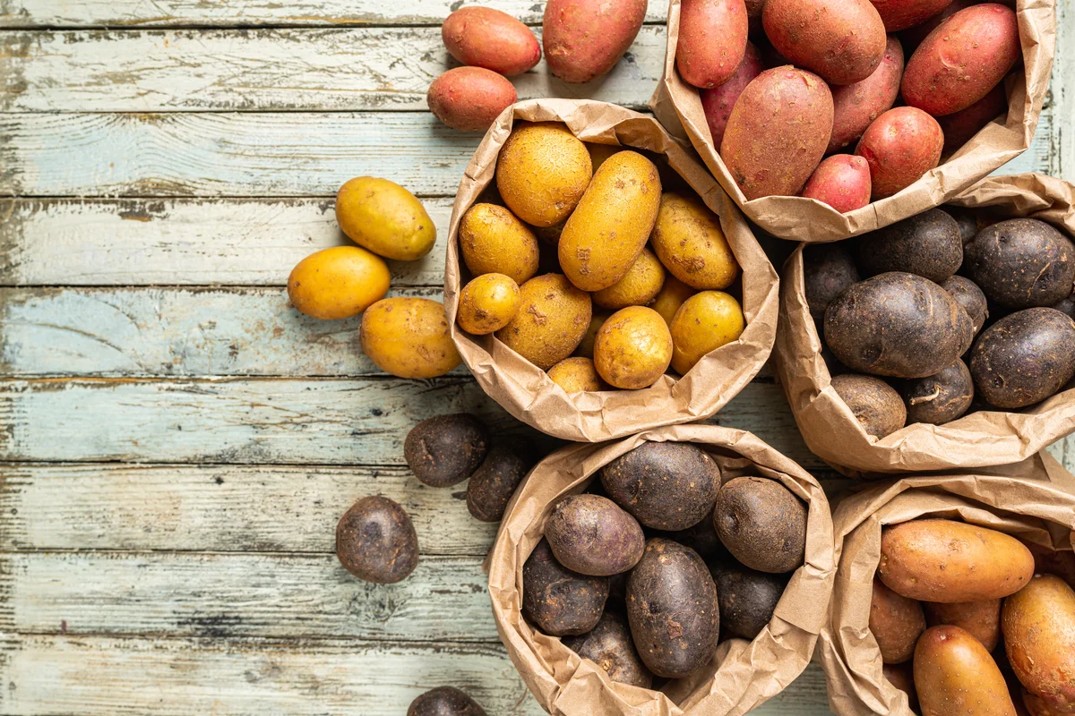 bags of different potato varieties