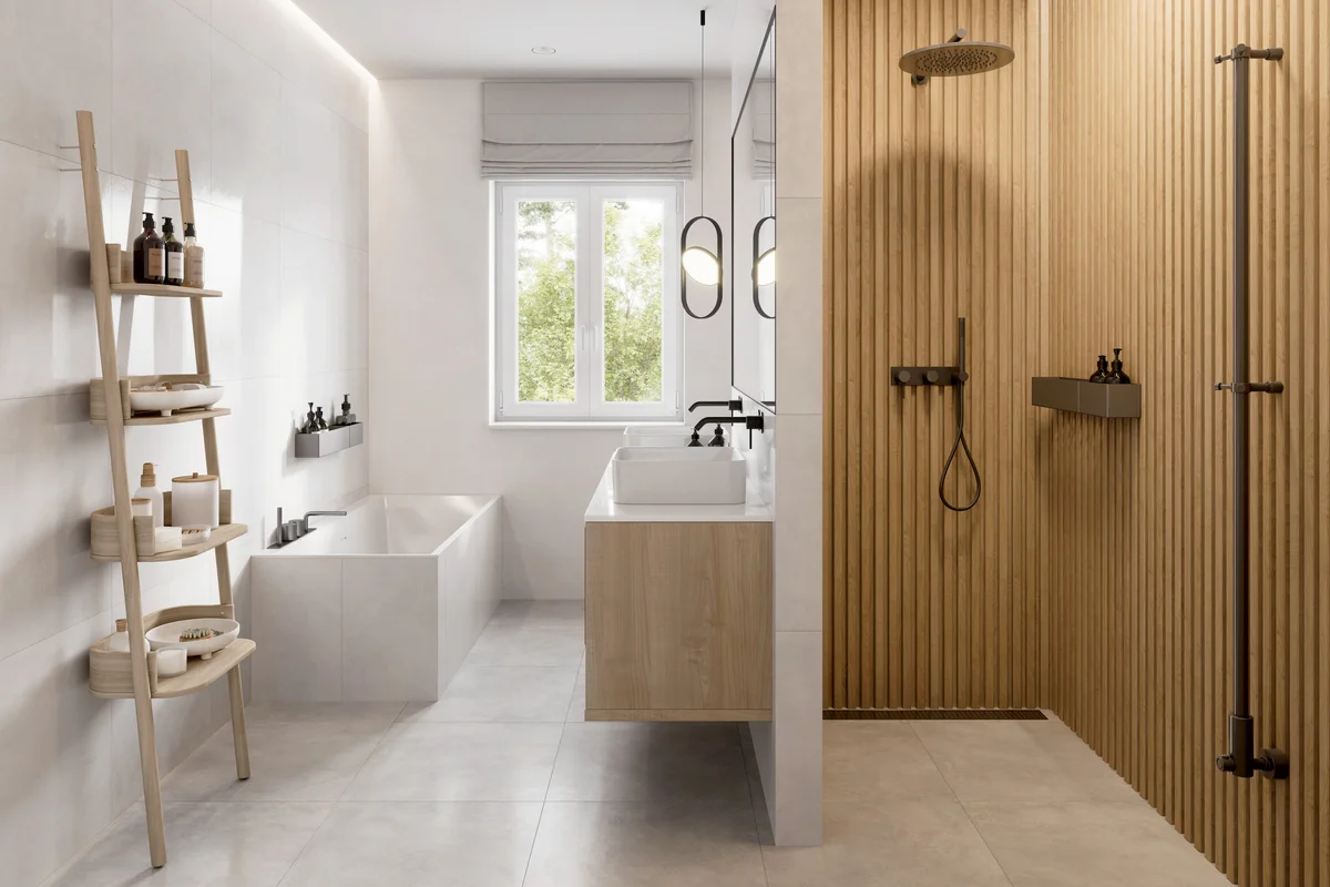 Bathroom with tiered shelf