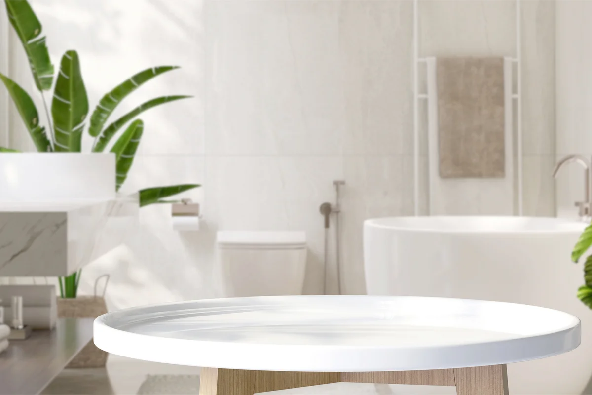White round side table in modern and luxury design bathroom