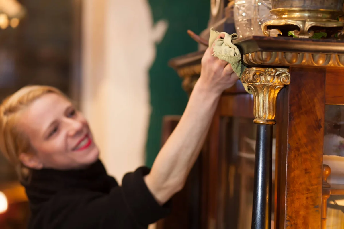 Smiling Woman Cleaning Cabinet In Store