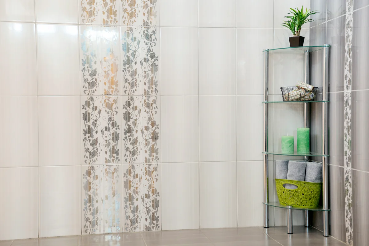 Grey bathroom with corner rack