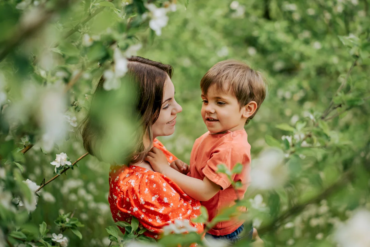 Mother and son outdoors