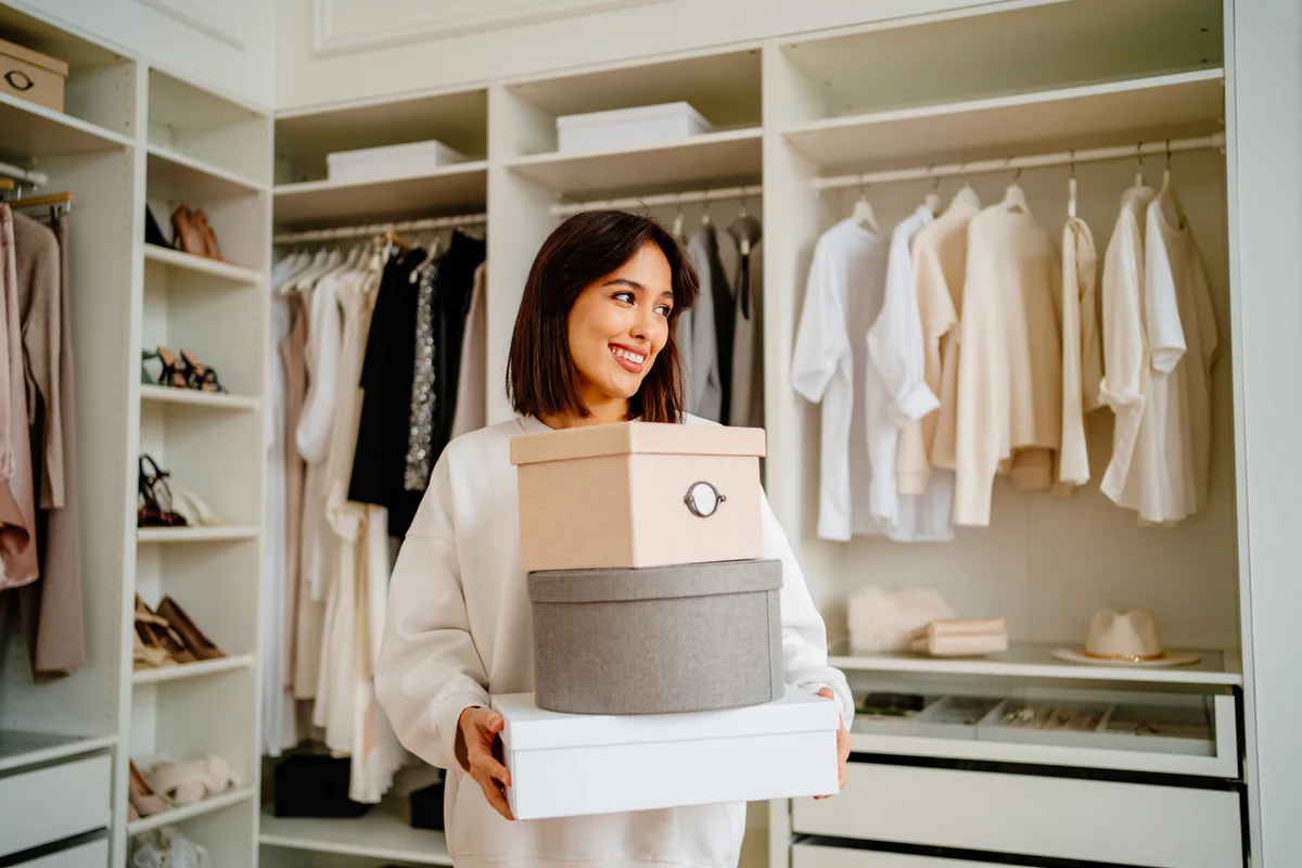 Get rid of excess clothes. Smiling woman carrying clothes boxes in hands near walk in wardrobe