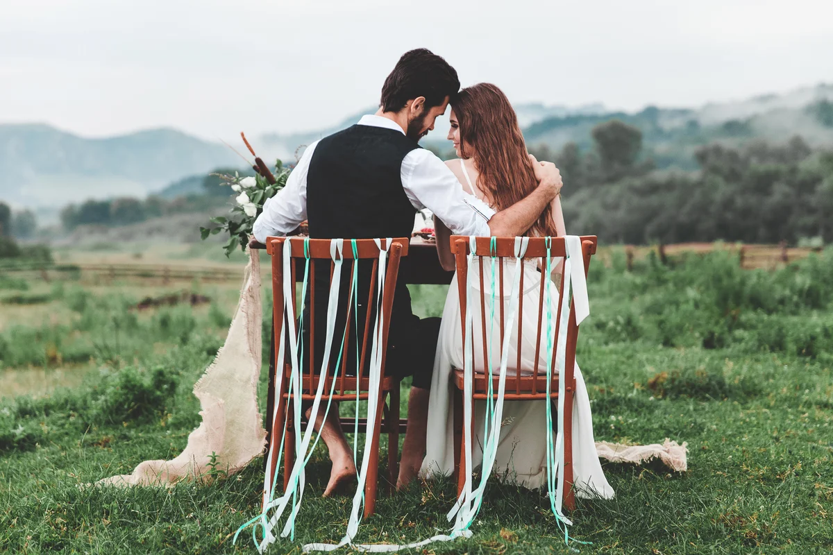 Rear view of wedding couple