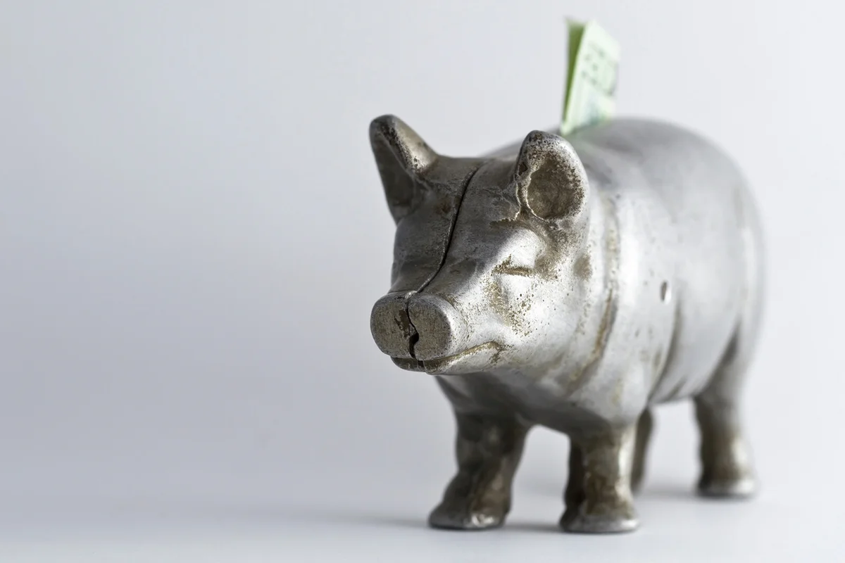 Antique cast iron metal piggy bank with a twenty dollar bill