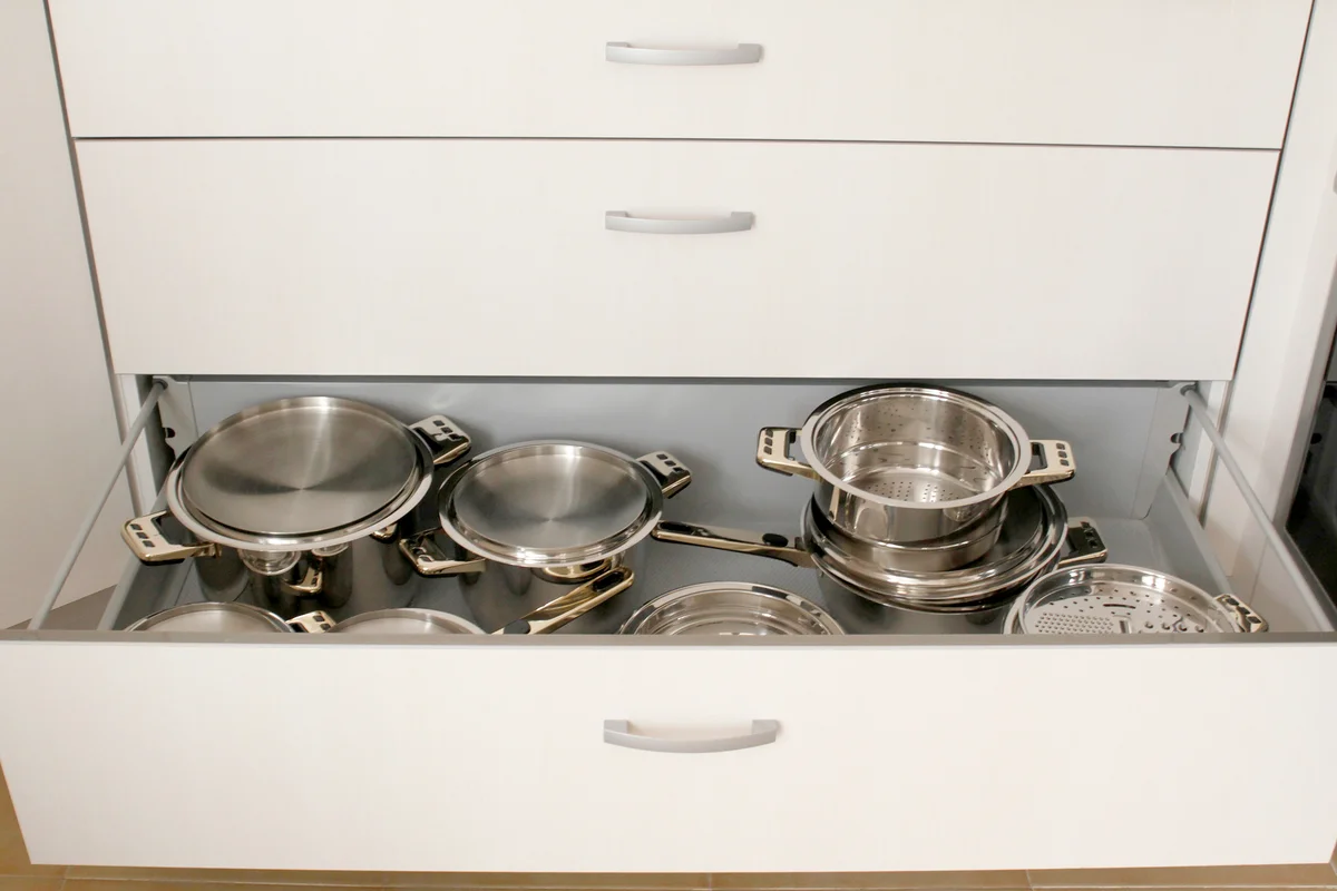 Metallic pots in kitchen drawer