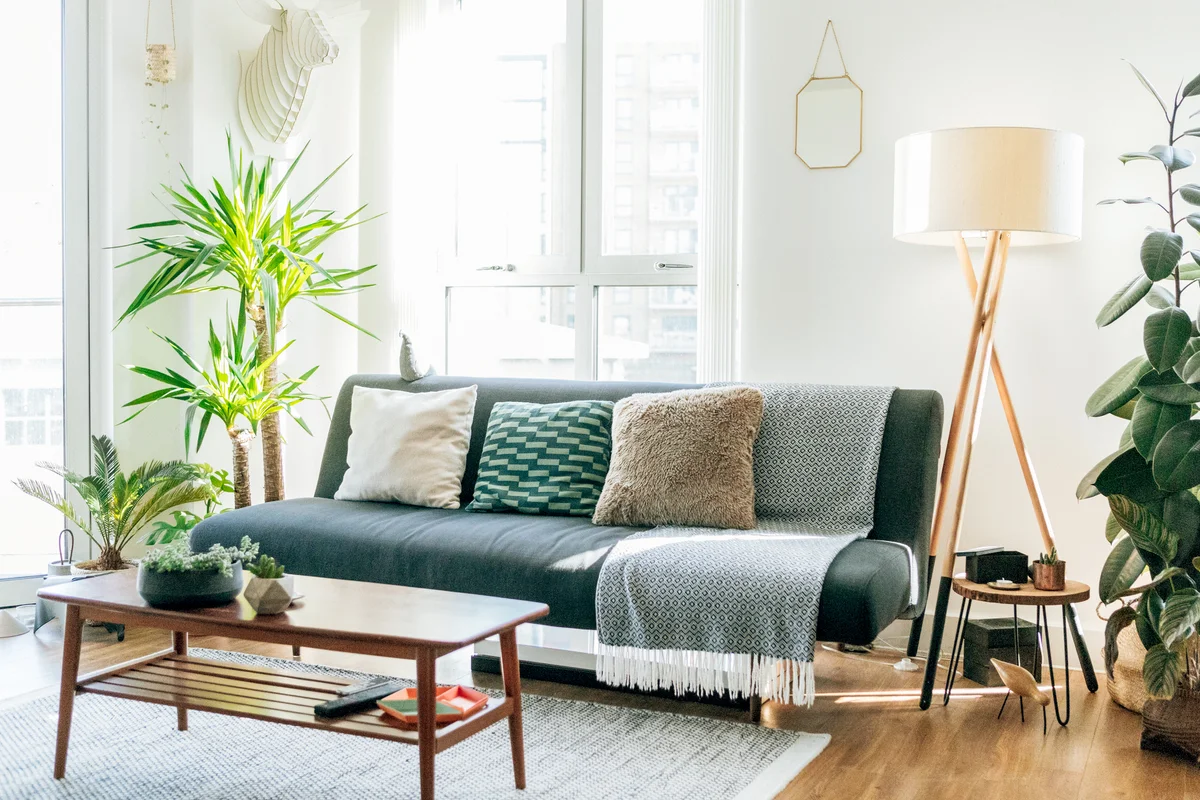 Stylish and bright living room with coffee table