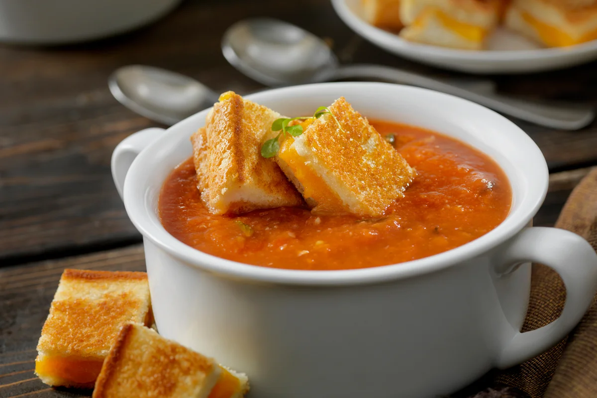 Roasted Tomato, Garlic and Basil Soup with Grilled Cheese Croutons