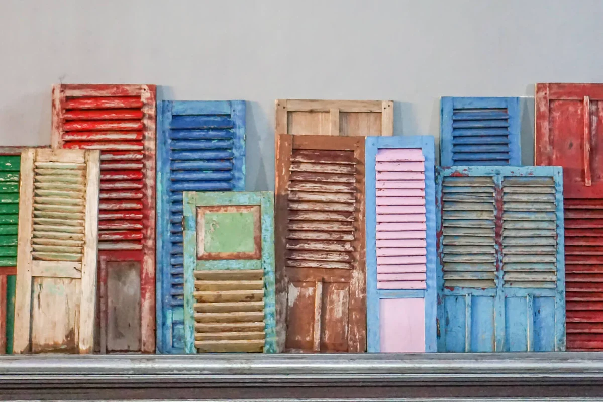 Colorful old window shutters or jalousie for home decor interior