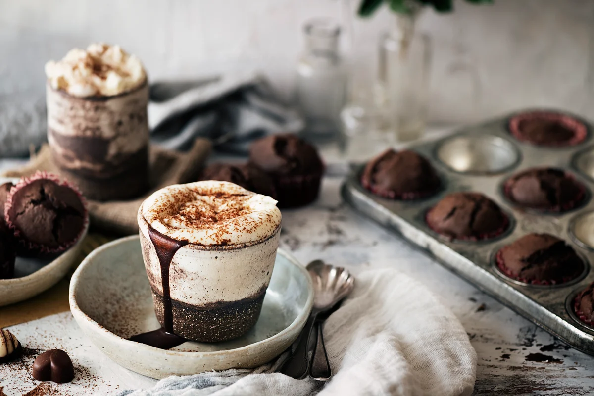 chocolatey dessert cup and muffins