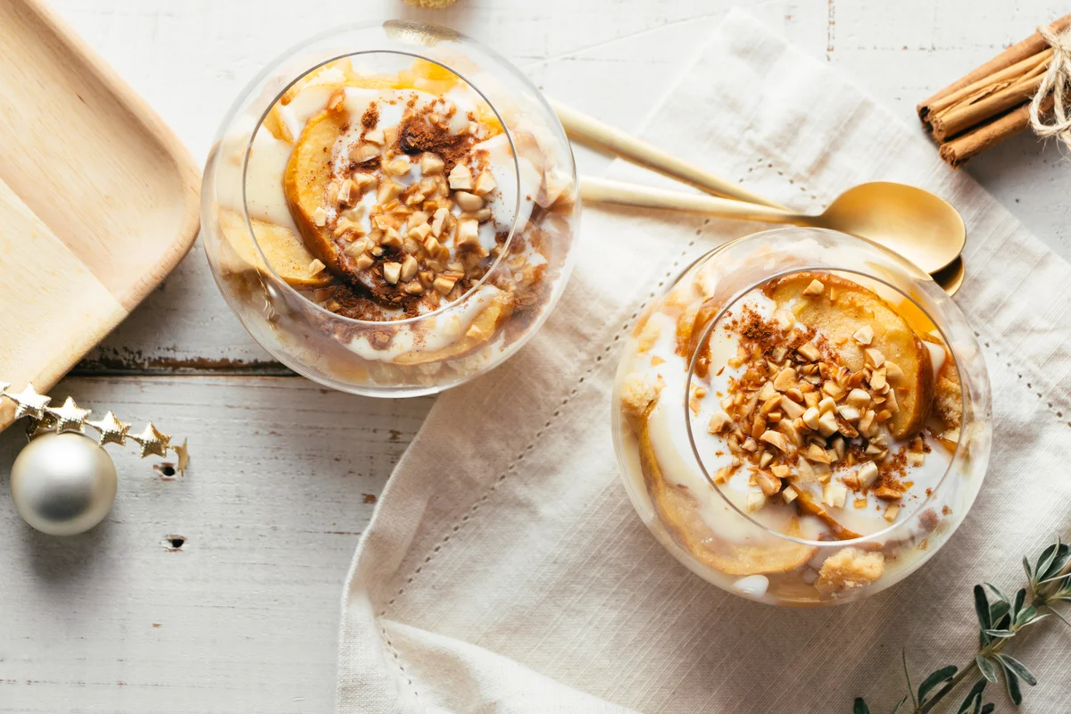 caramel apple pie desserts in round glasses