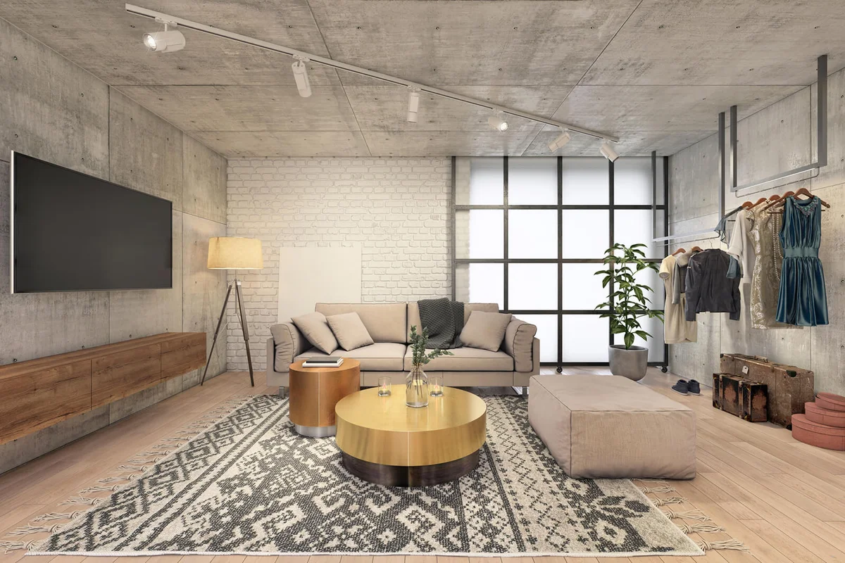 Modern living room with large TV on the wall