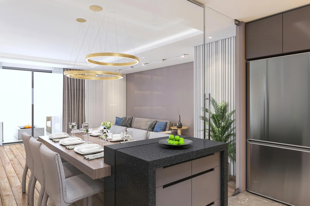 Sparse and modern kitchen interior with glass wall
