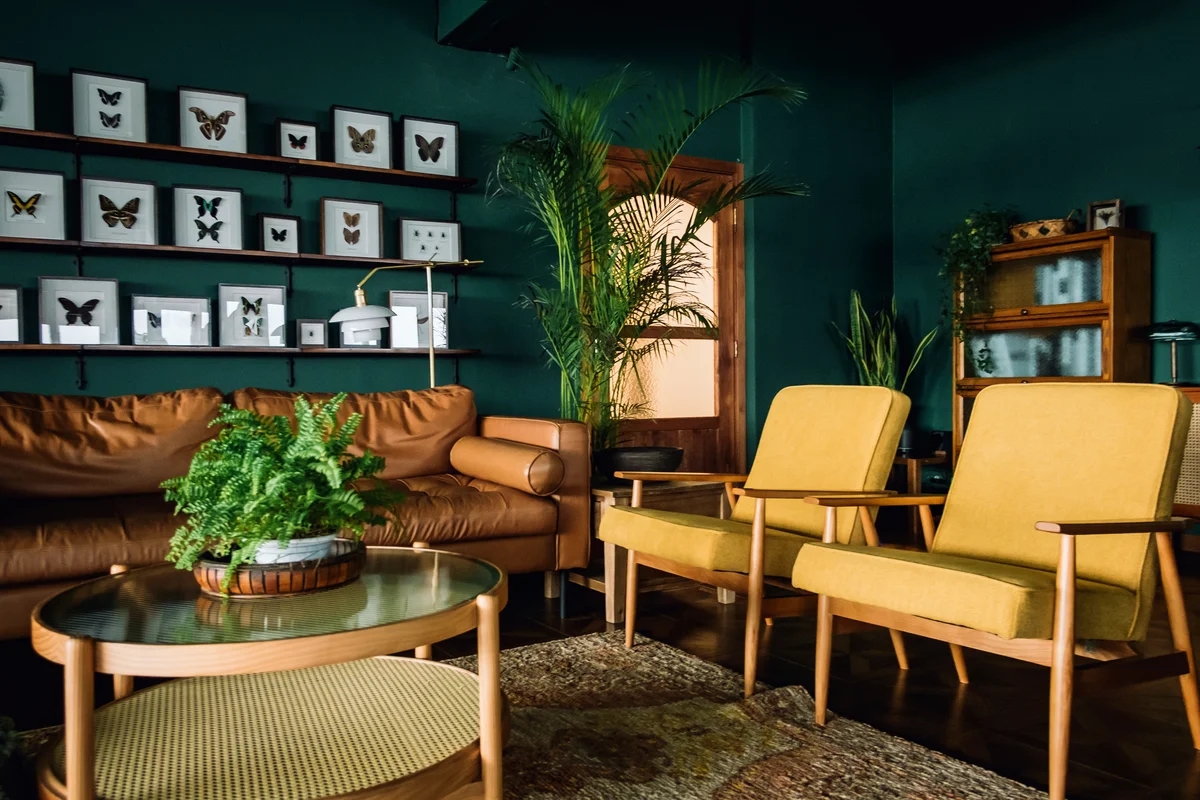 room with brown leather sofa