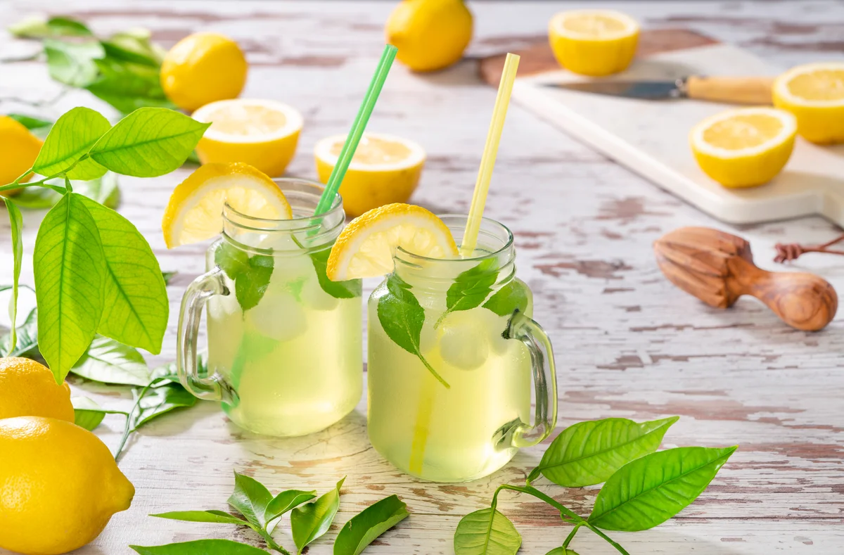 Two iced lemonade jar glasses with basil and lemon tree