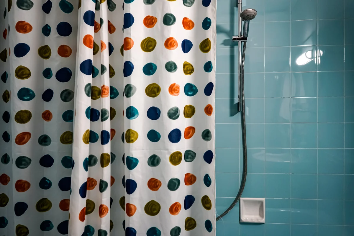 colorful shower curtain in blue bathroom