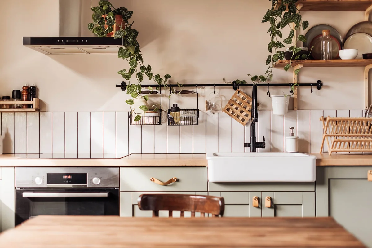 Empty kitchen island with marble surface in foreground