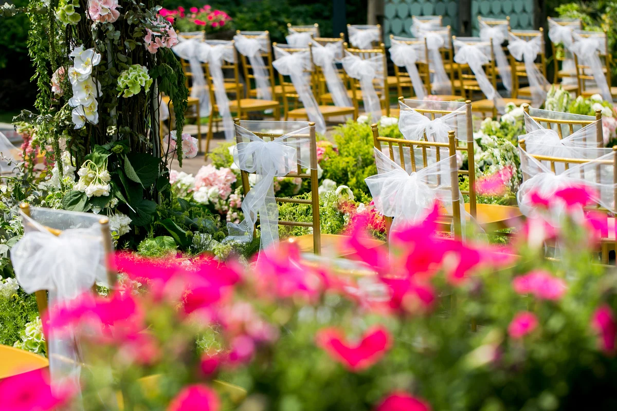 Wedding aisle with large floral display
