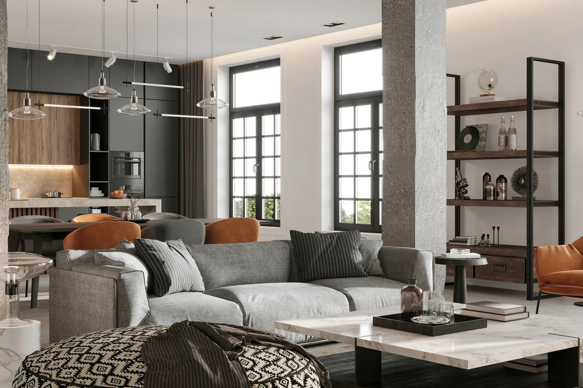 Open space loft interior with large living room, dining room and kitchen in the background