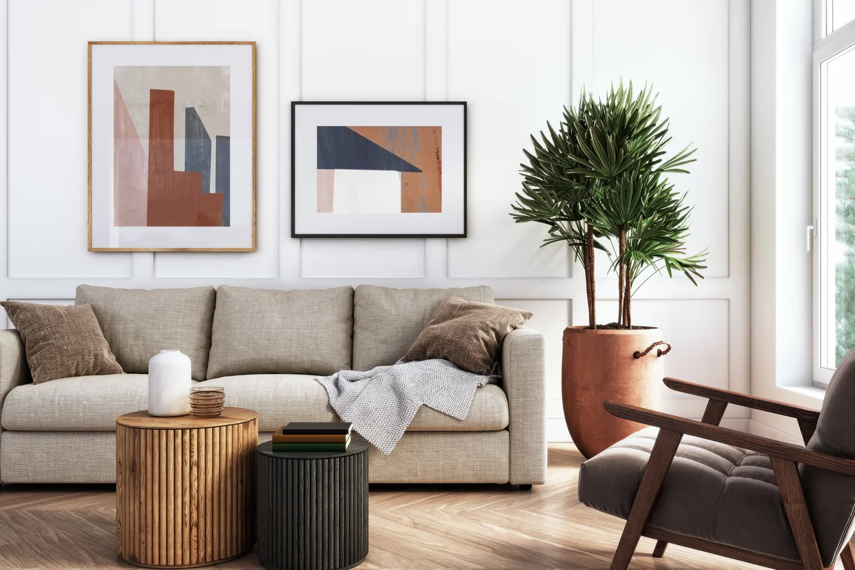 Living room interior design with beige and gray colored furniture and wooden elements