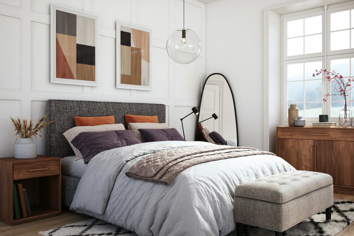 Bedroom interior with wooden furniture
