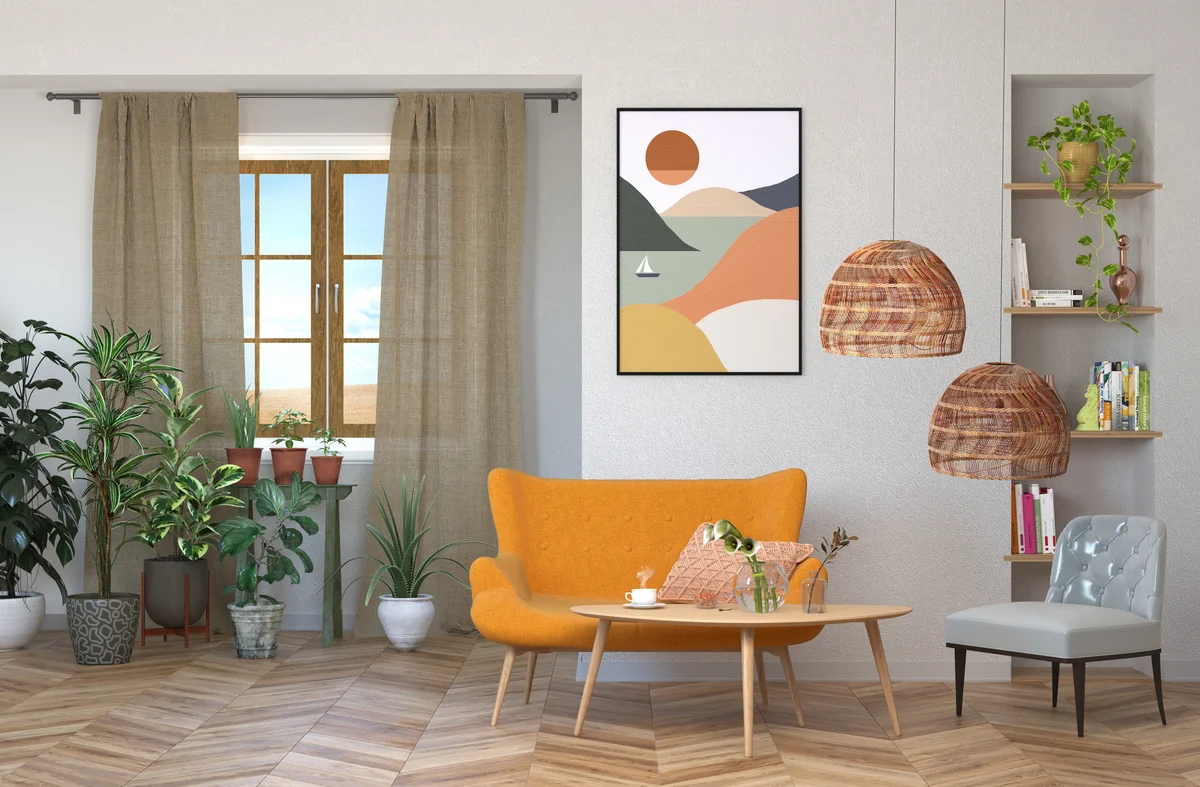 Indoors mid-century house with orange chair nearby wheat field