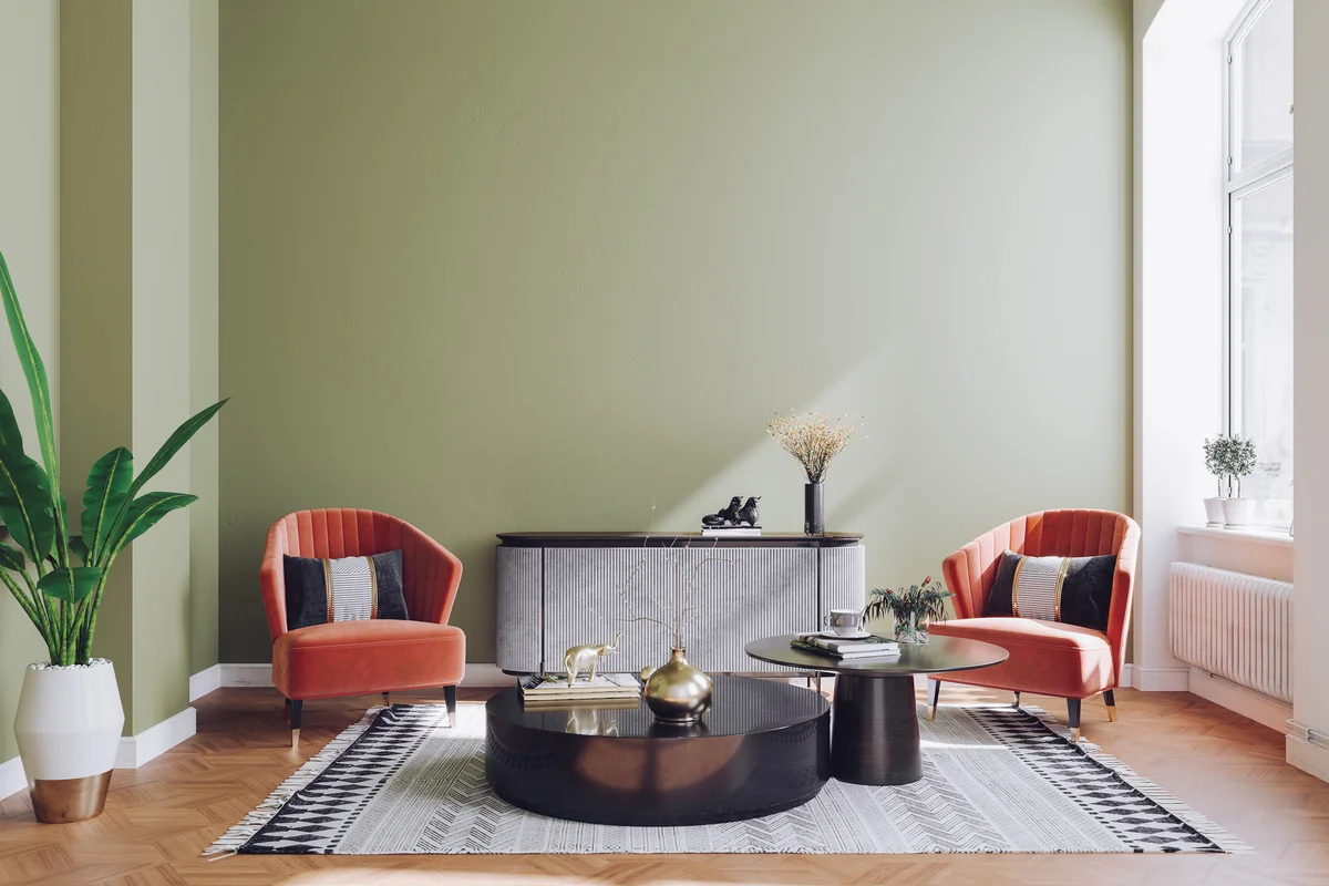 Modern mid century living room interior with pastel colors.