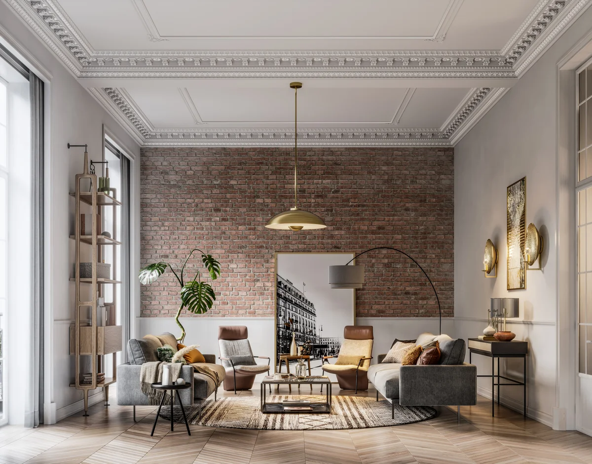full furnished living room. Luxurious interiors of a modern living room with sofa set, armchairs, brick wall design and electric lamps.