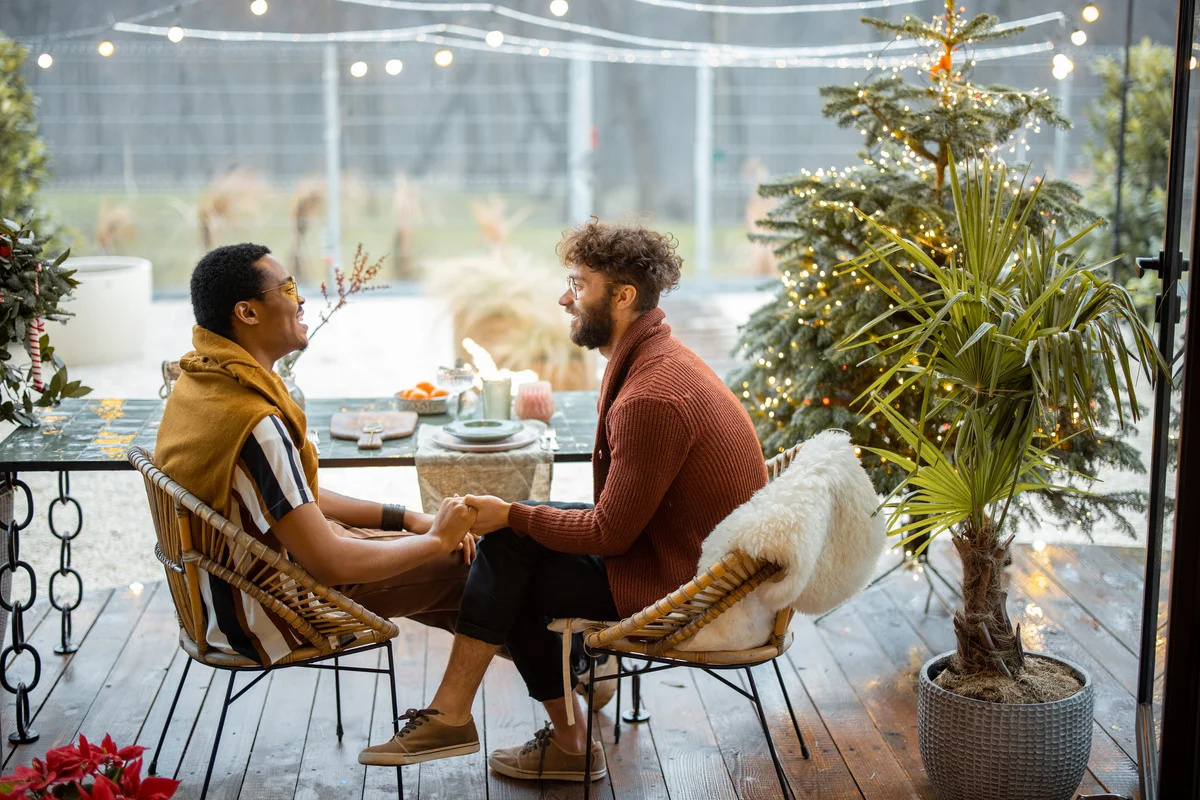 Men on a patio date