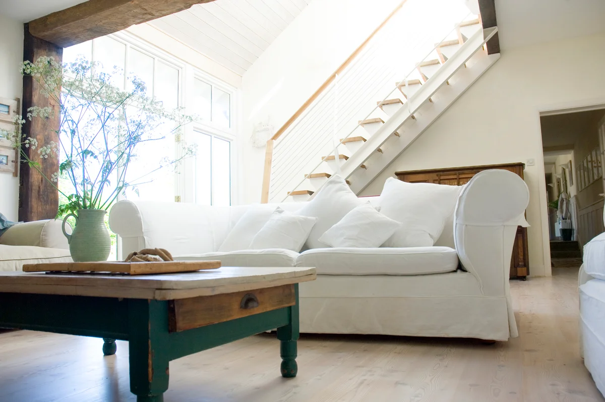 living room with reclaimed wood table
