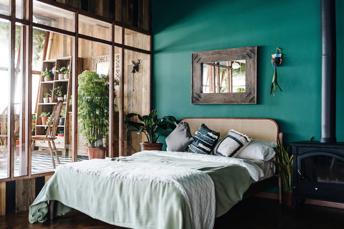 Bedroom with green accent wall