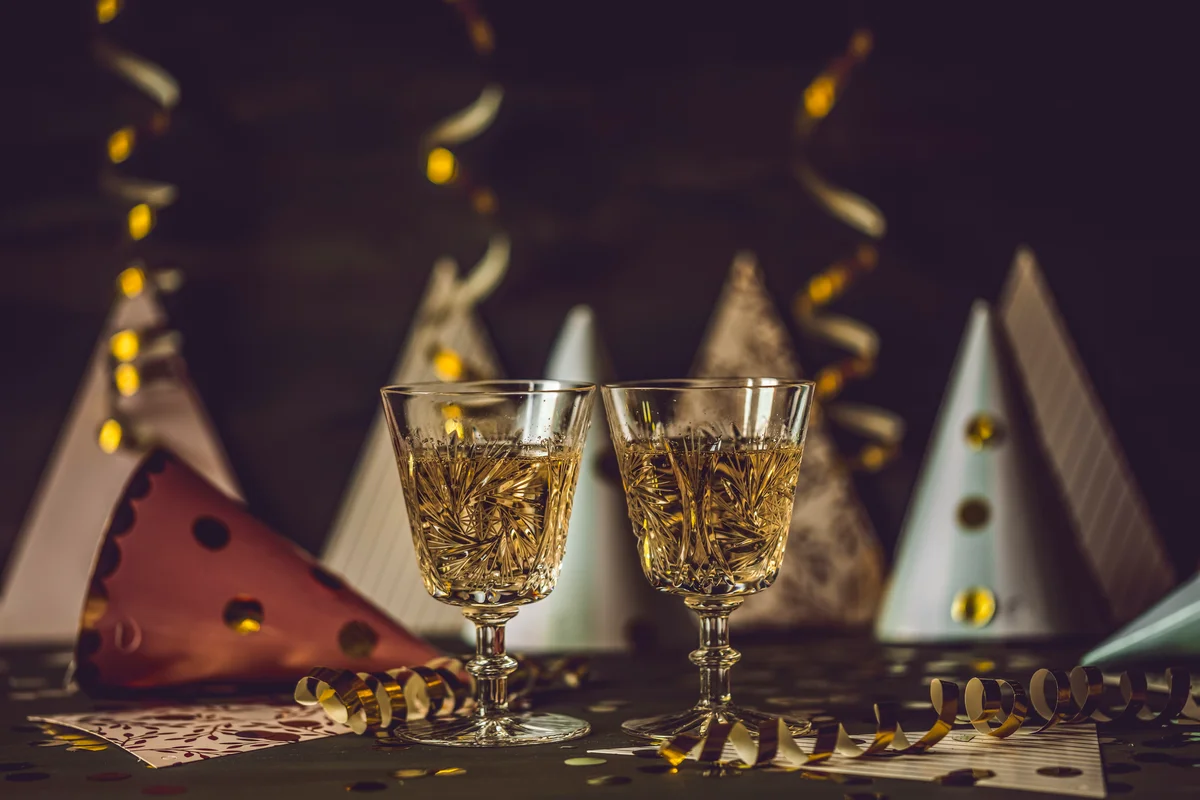 wine and birthday party hats