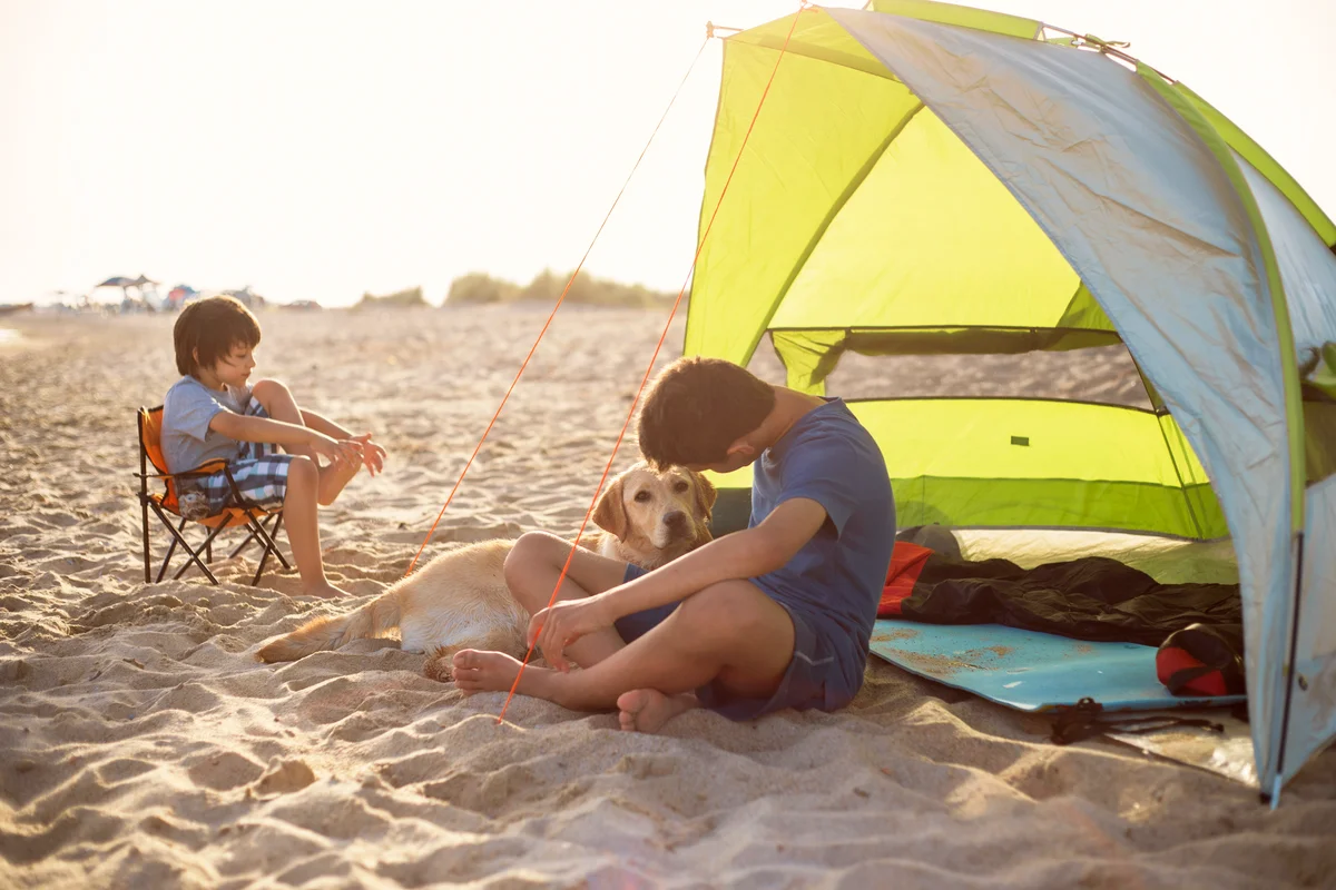 Boy's with tent on the beach