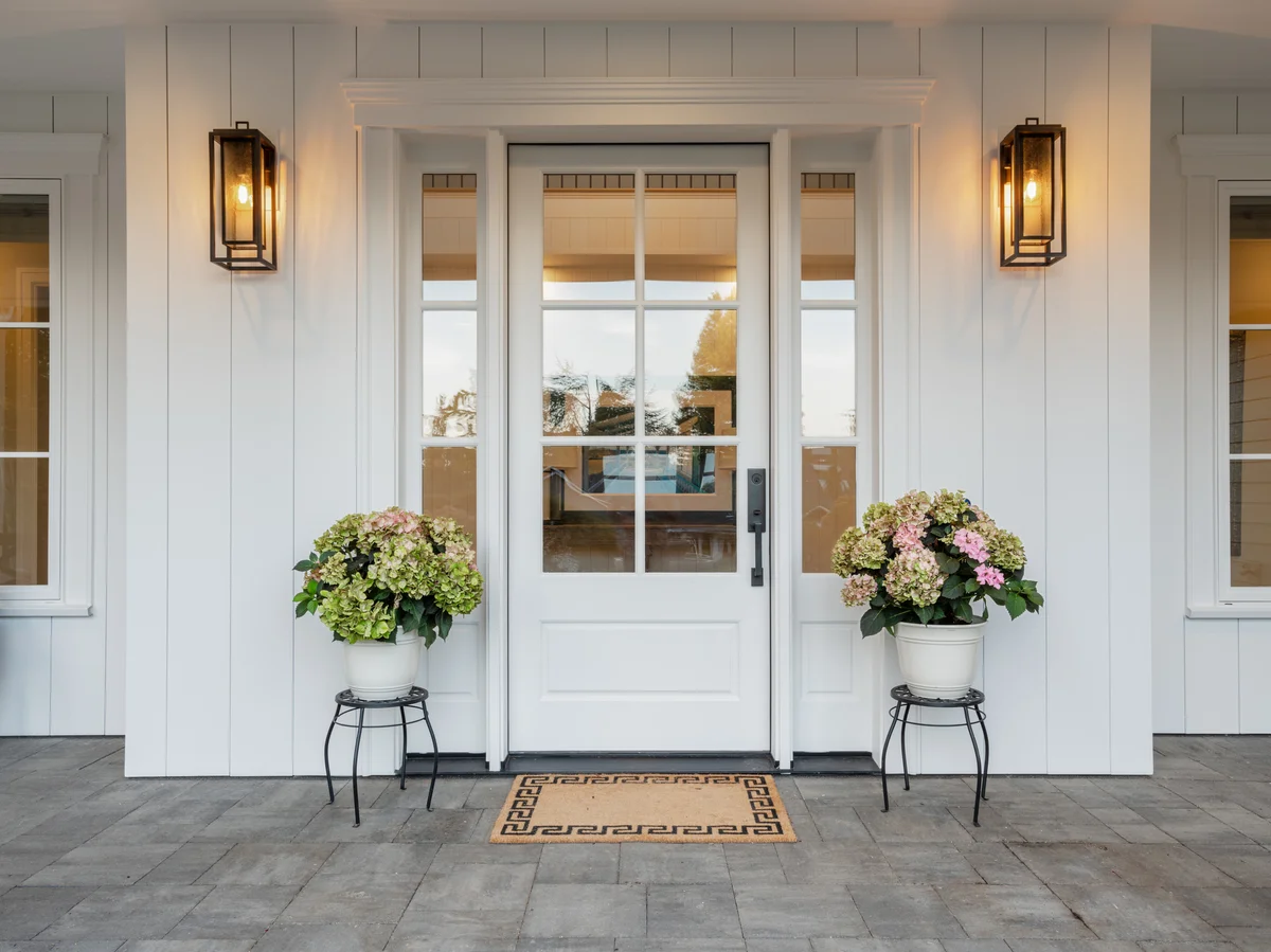Front door, white color house exterior