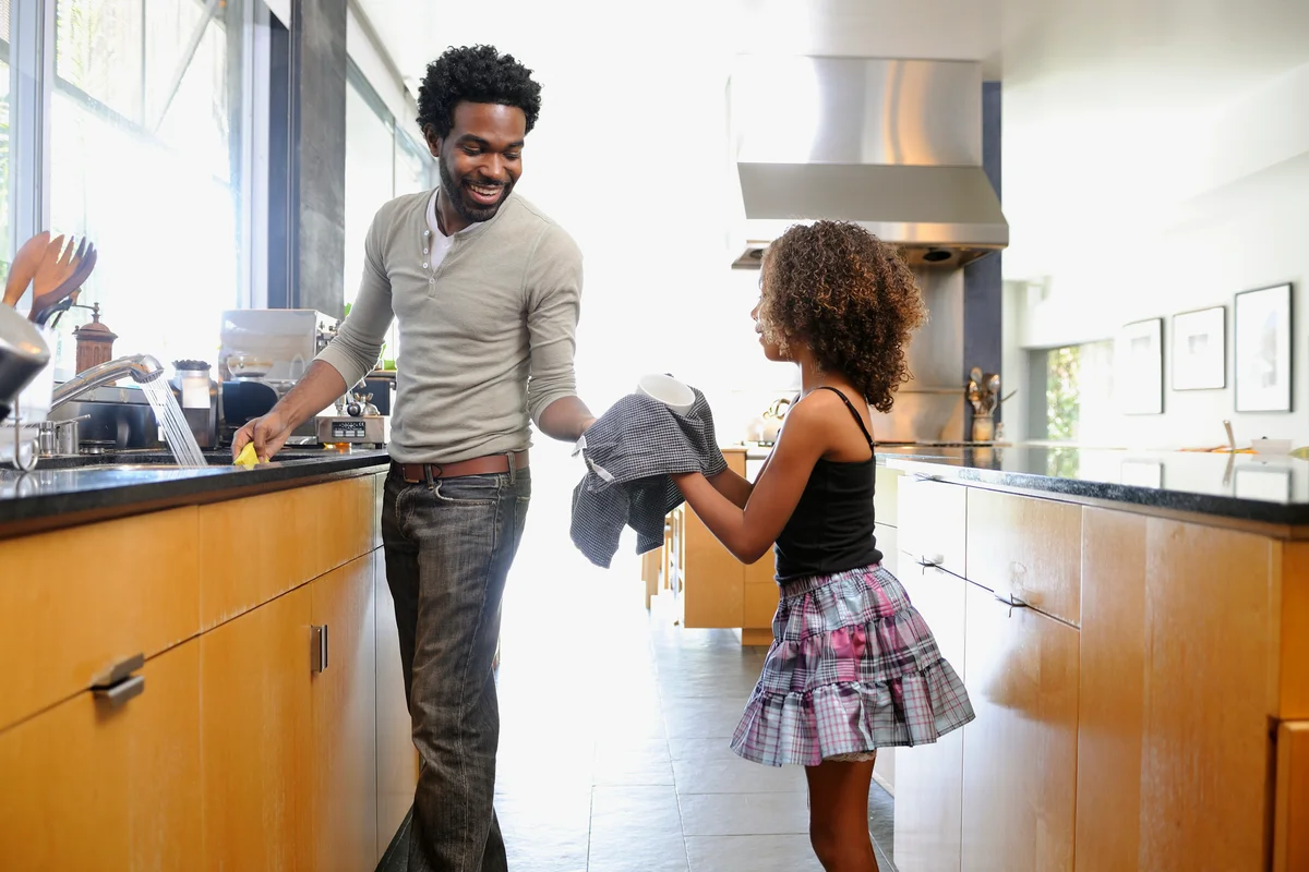 Father and daughter doing dishes