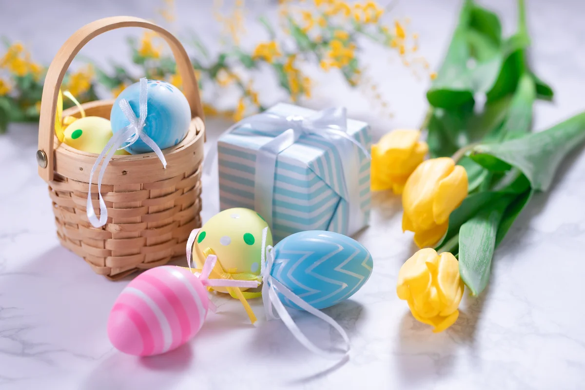 easter basket and easter eggs, flowers